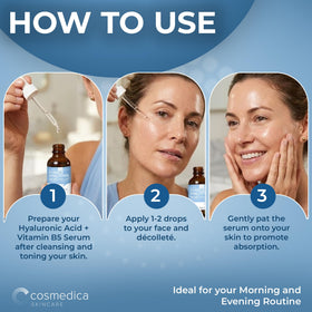 Cosmedica Hyaluronic Acid Serum application on palm demonstrates quick absorption
