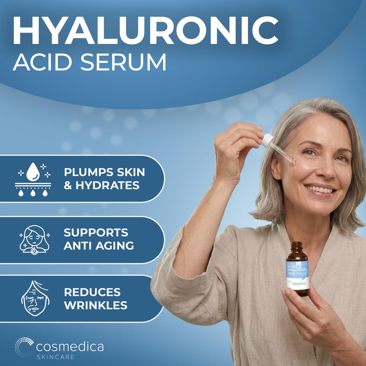 Cosmedica Hyaluronic Acid Serum dropper for precise daily dosing
