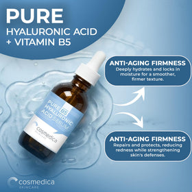 Cosmedica Hyaluronic Acid Serum ingredients panel featuring HA and panthenol