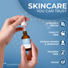 Cosmedica Hyaluronic Acid Serum label closeup emphasizing safe, gentle formulation
