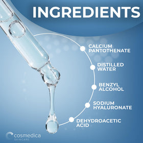 Cosmedica Hyaluronic Acid Serum texture closeup with smooth, non-greasy finish