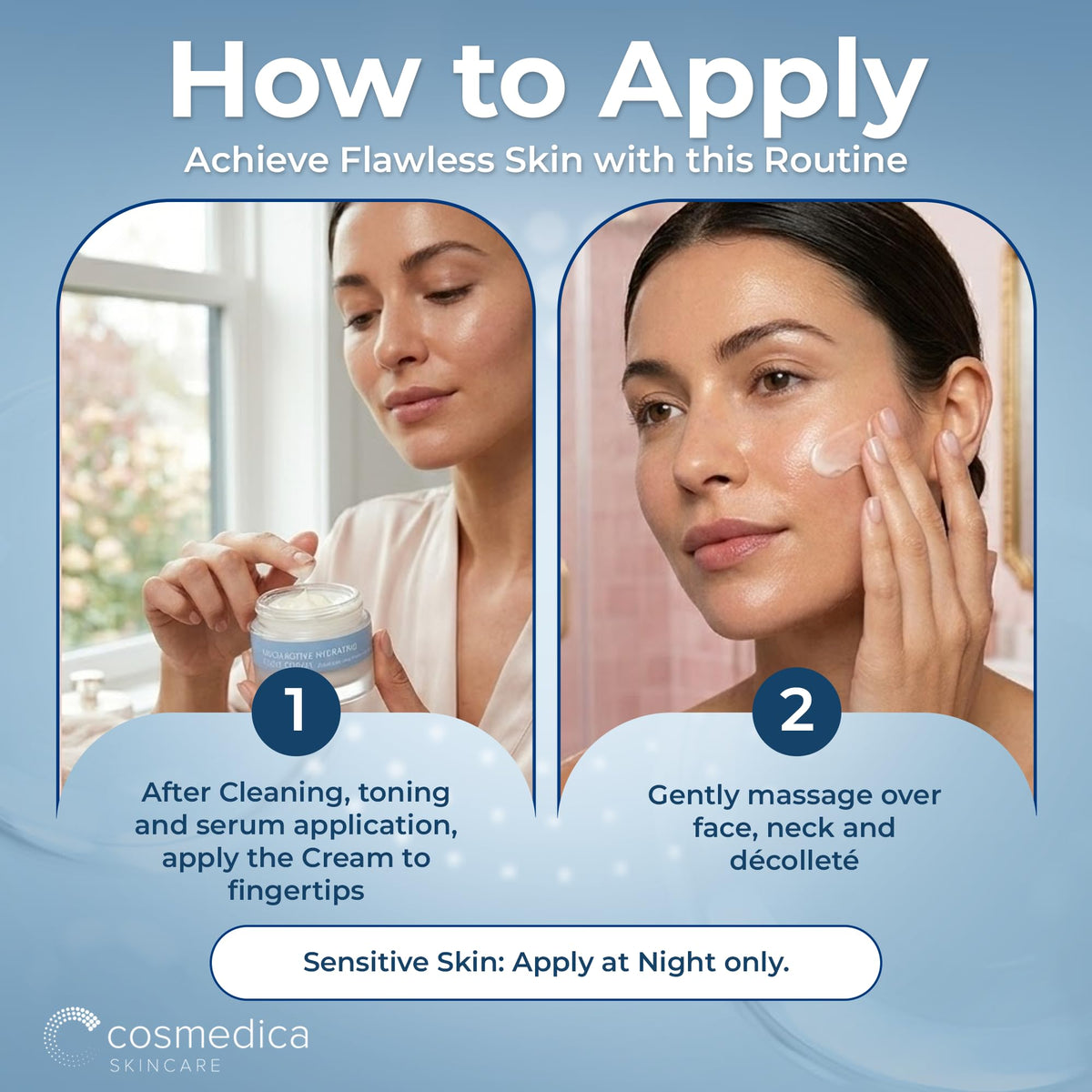 Cosmedica Hydrating Night Cream applied on hands illustrates nightly skincare routine.