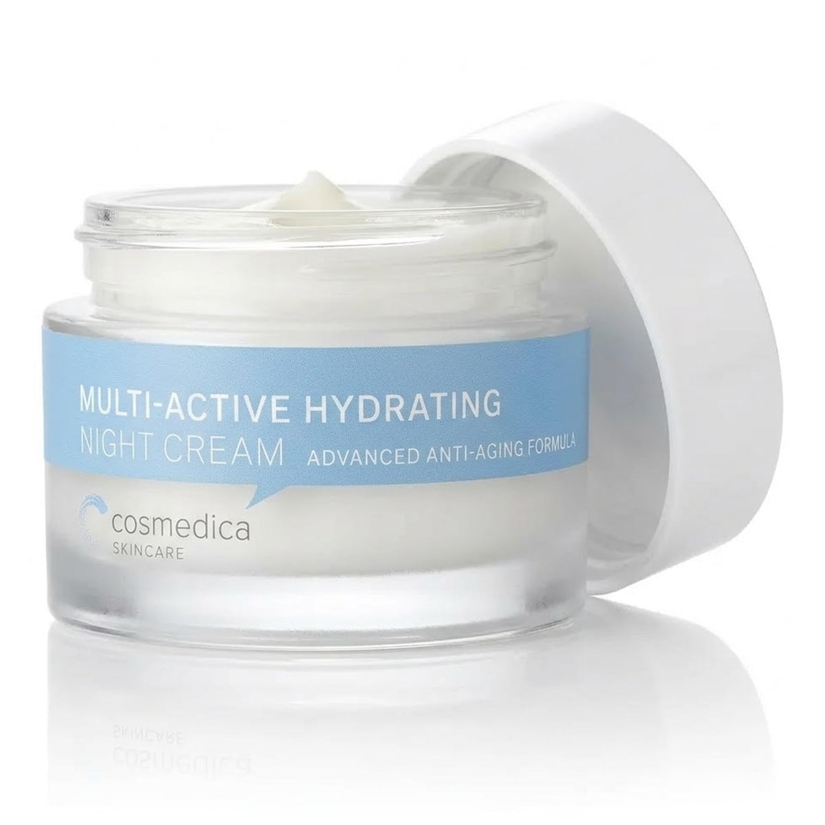 Cosmedica Hydrating Night Cream bottle demonstrates overnight hydration on skin.