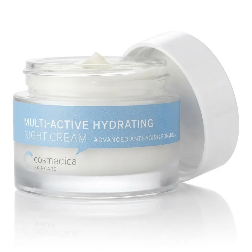 Cosmedica Hydrating Night Cream bottle demonstrates overnight hydration on skin.