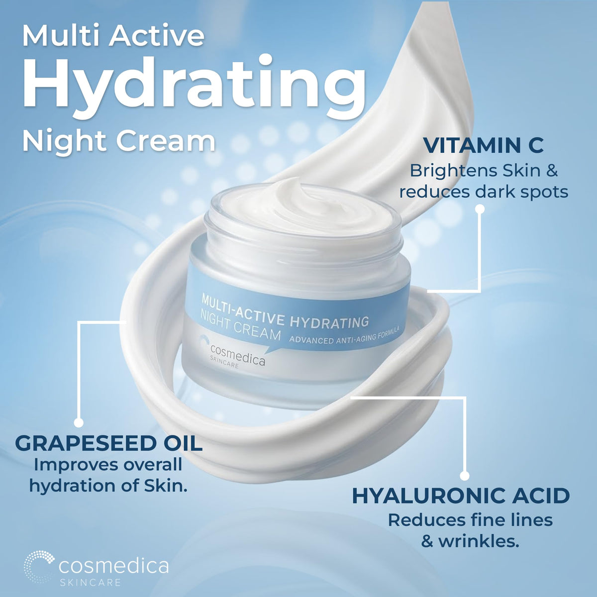 Cosmedica Hydrating Night Cream jar close-up shows rich shea butter for deep moisture.