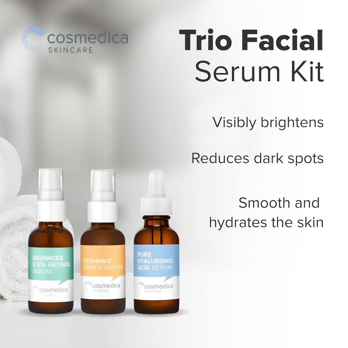Cosmedica Skincare Hyaluronic acid serum dropper releasing moisture for plump skin.