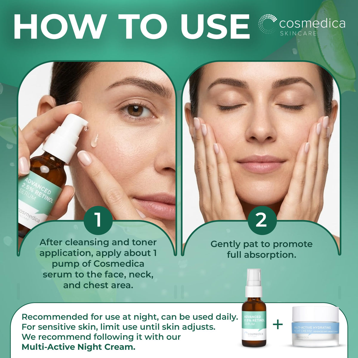 Cosmedica Retinol Serum with green tea visual ingredient highlight