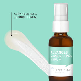 Cosmedica Skincare Retinol serum bottle focused on smoothing fine lines and refining skin texture.