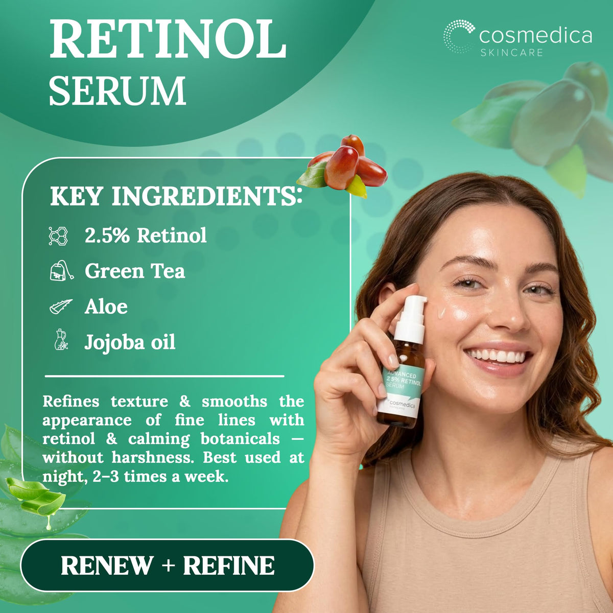 Cosmedica Skincare trio in-use setup illustrating the 3-step routine.