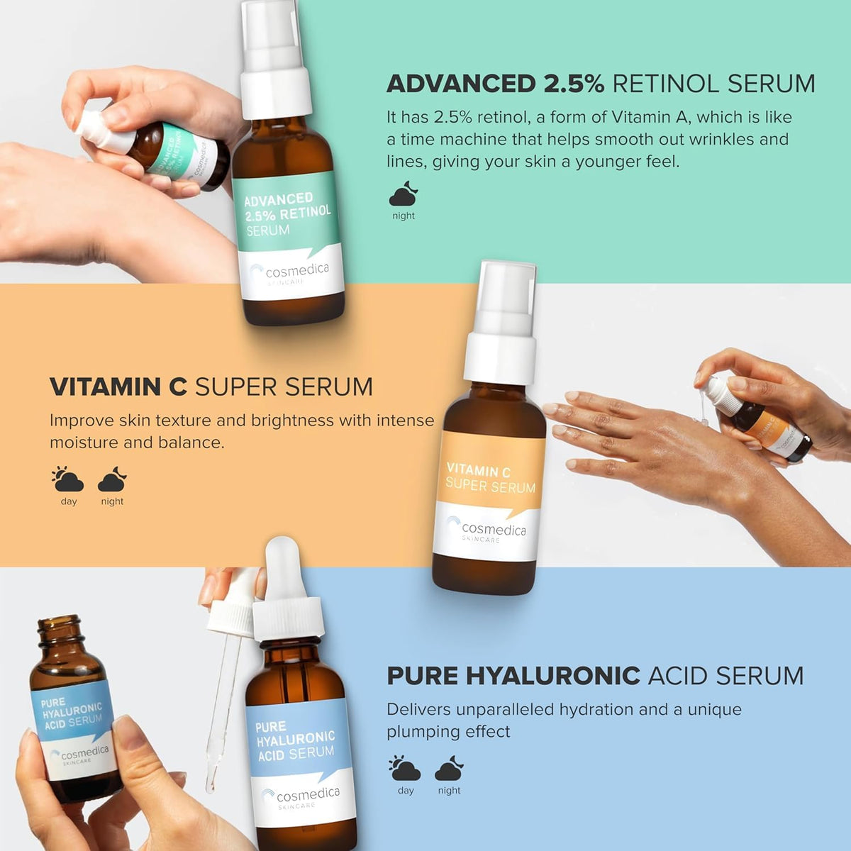 Cosmedica Skincare vegan cruelty-free logos on packaging.