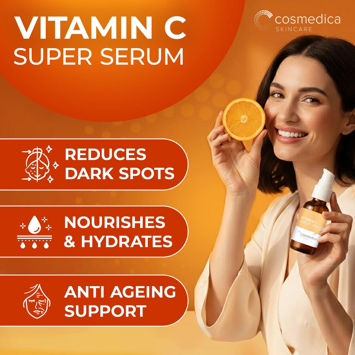Cosmedica Vitamin C Serum dropper closeup for precise, clean application