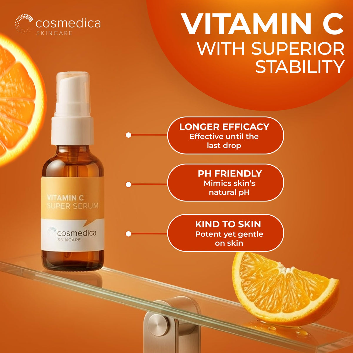 Cosmedica Vitamin C Serum packaging is premium and travel-friendly for on-the-go glow
