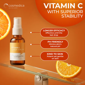 Cosmedica Vitamin C Serum packaging is premium and travel-friendly for on-the-go glow