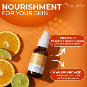 Cosmedica Vitamin C Serum texture macro highlights lightweight, fast-absorbing formula