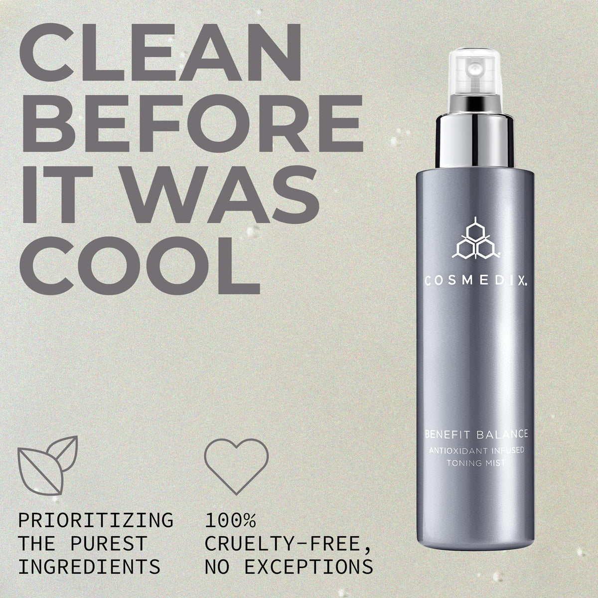 Close-up of COSMEDIX Benefit Balance Toner label highlighting key ingredients