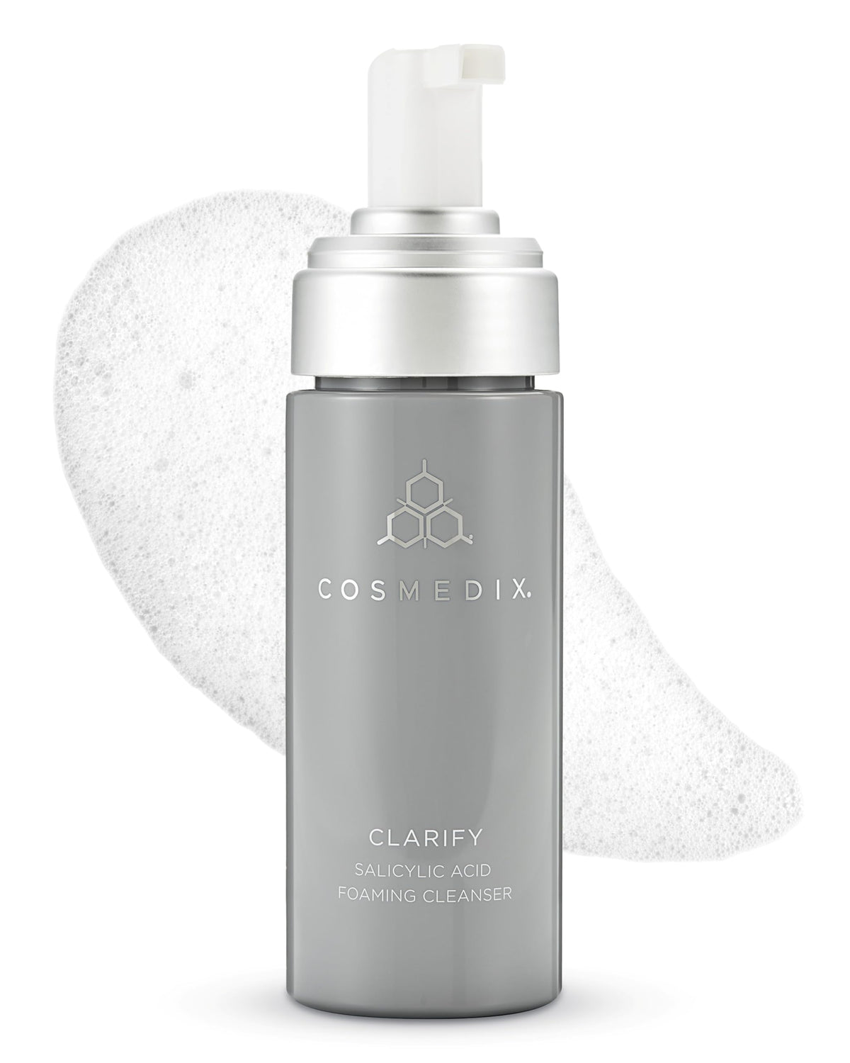 COSMEDIX Clarify bottle pour showing a gentle, skin-friendly cleanse