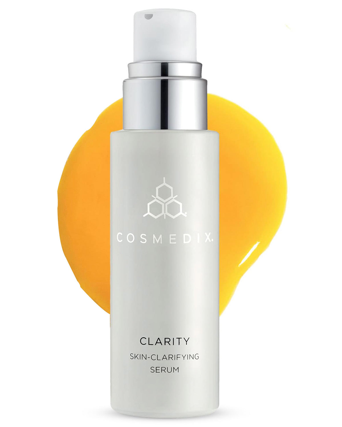 COSMEDIX Clarity Serum bottle close-up shows a lightweight formula for smoother, clearer-looking skin.