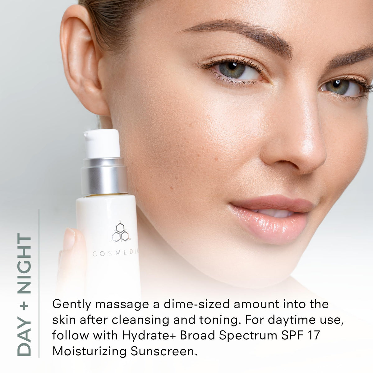 COSMEDIX Clarity Serum morning-use scene suggests daytime layering with sunscreen.
