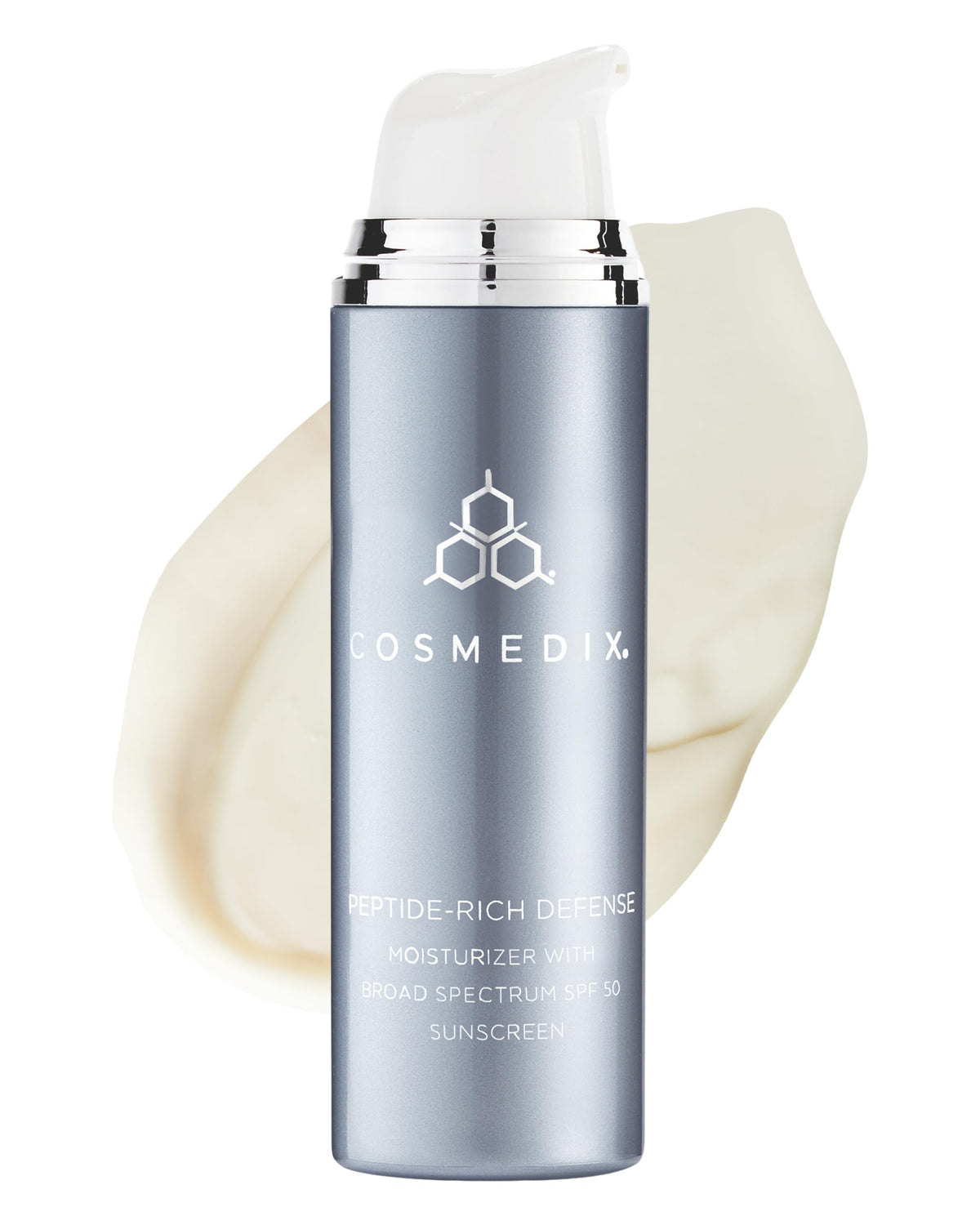 COSMEDIX Peptide-Rich Defense bottle front shows SPF 50 sun protection for daily hydration.