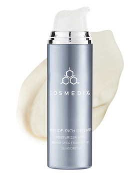 COSMEDIX Peptide-Rich Defense bottle front shows SPF 50 sun protection for daily hydration.