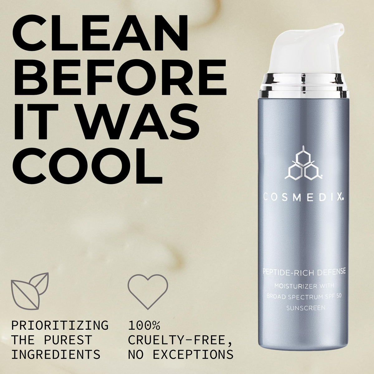 COSMEDIX Peptide-Rich Defense hand application demonstrates daytime moisturizing before sun exposure.