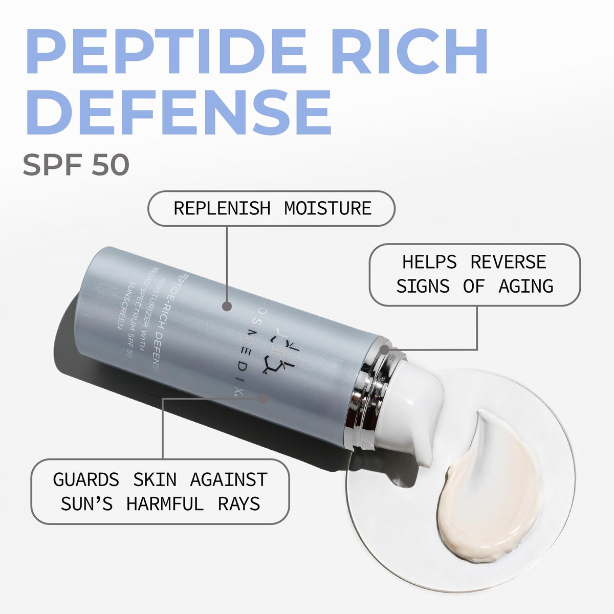 COSMEDIX Peptide-Rich Defense label closeup highlights key ingredients including peptides and vitamin E.