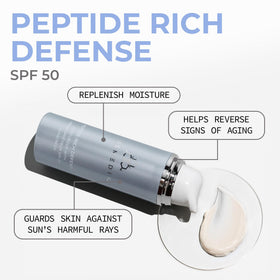 COSMEDIX Peptide-Rich Defense label closeup highlights key ingredients including peptides and vitamin E.