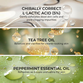 COSMEDIX Purity Clean bottle label, highlighting chirally correct lactic acid benefits.
