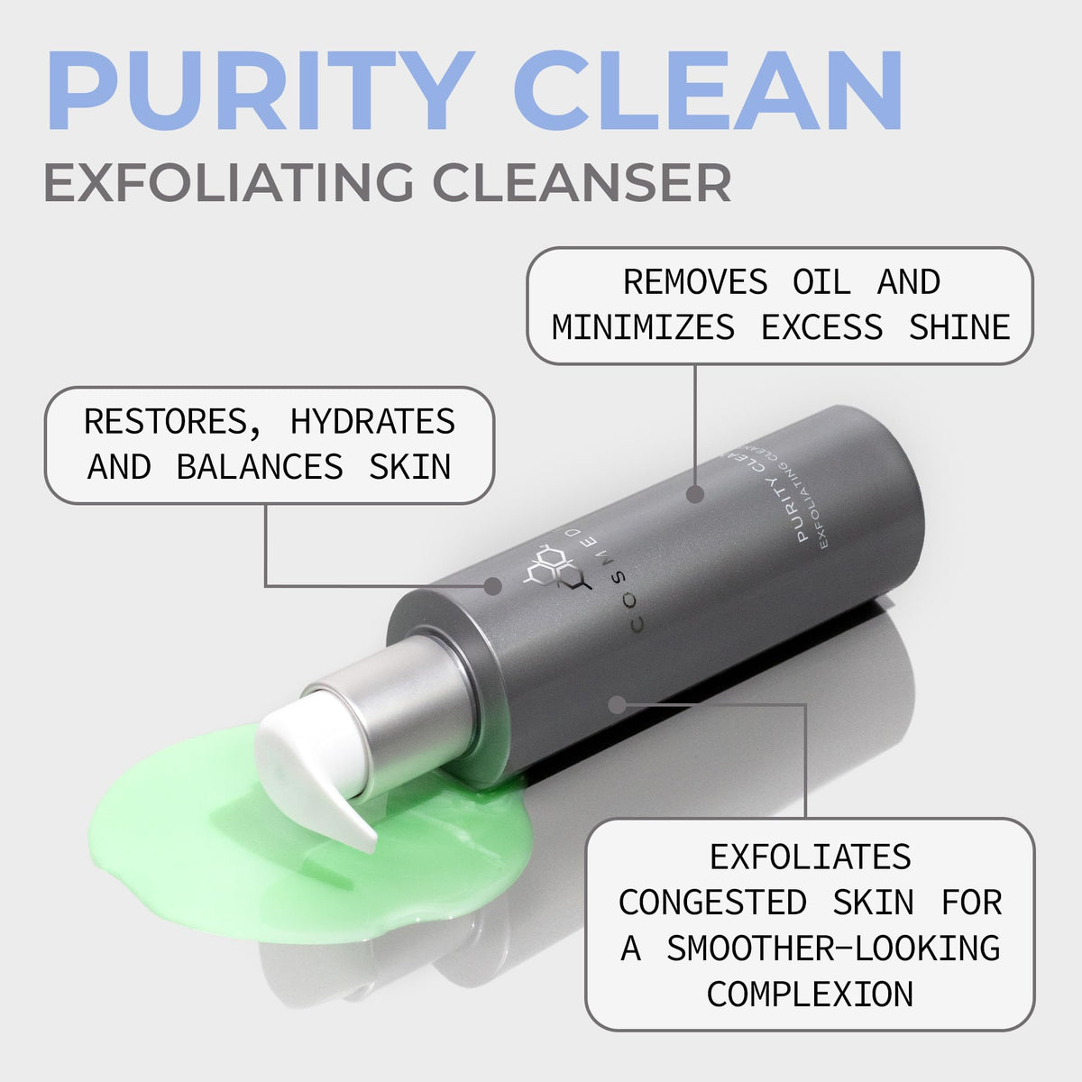 COSMEDIX Purity Clean bottle side, balanced and clarified skin potential.