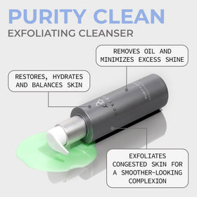 COSMEDIX Purity Clean bottle side, balanced and clarified skin potential.
