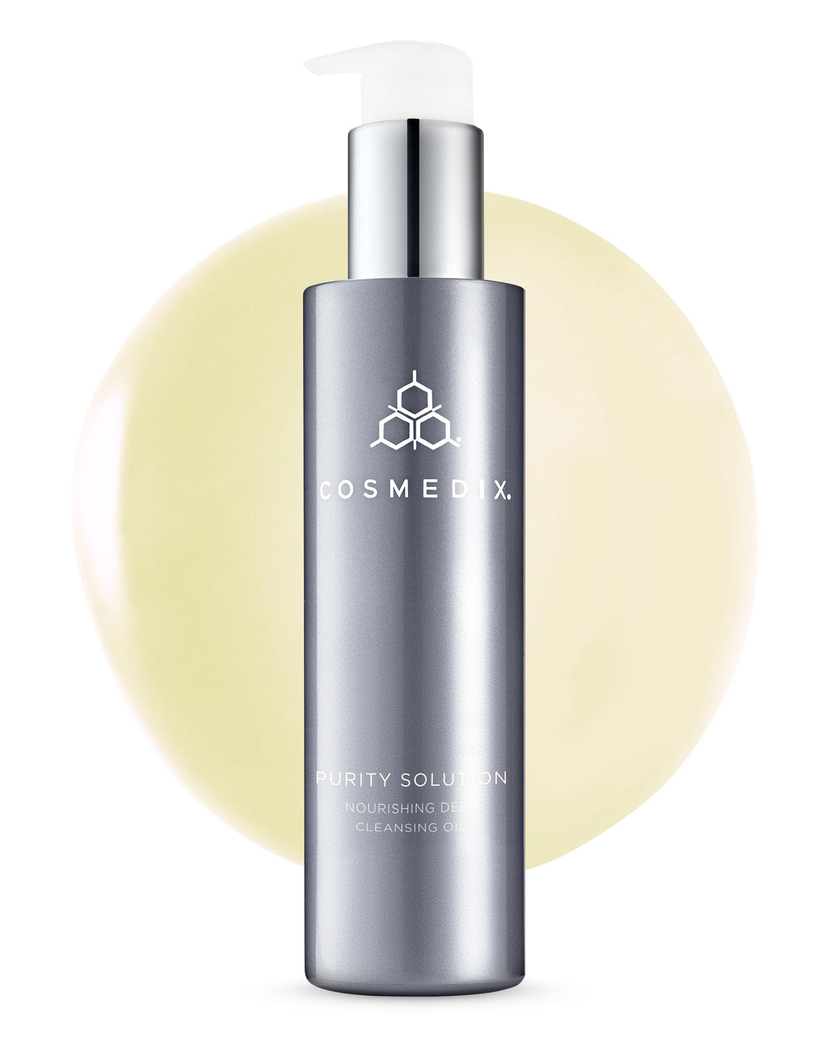 CosMedix Purity Solution cleansing oil bottle pour for makeup removal and hydration.