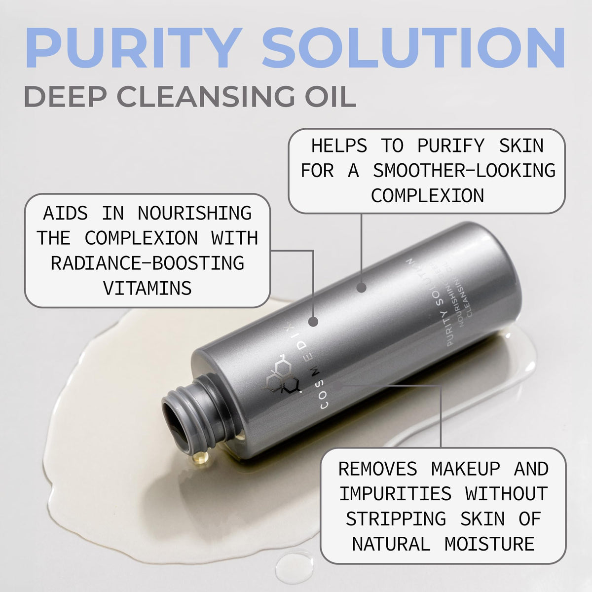 CosMedix Purity Solution cleansing oil texture close-up showing silky, nourishing formula.