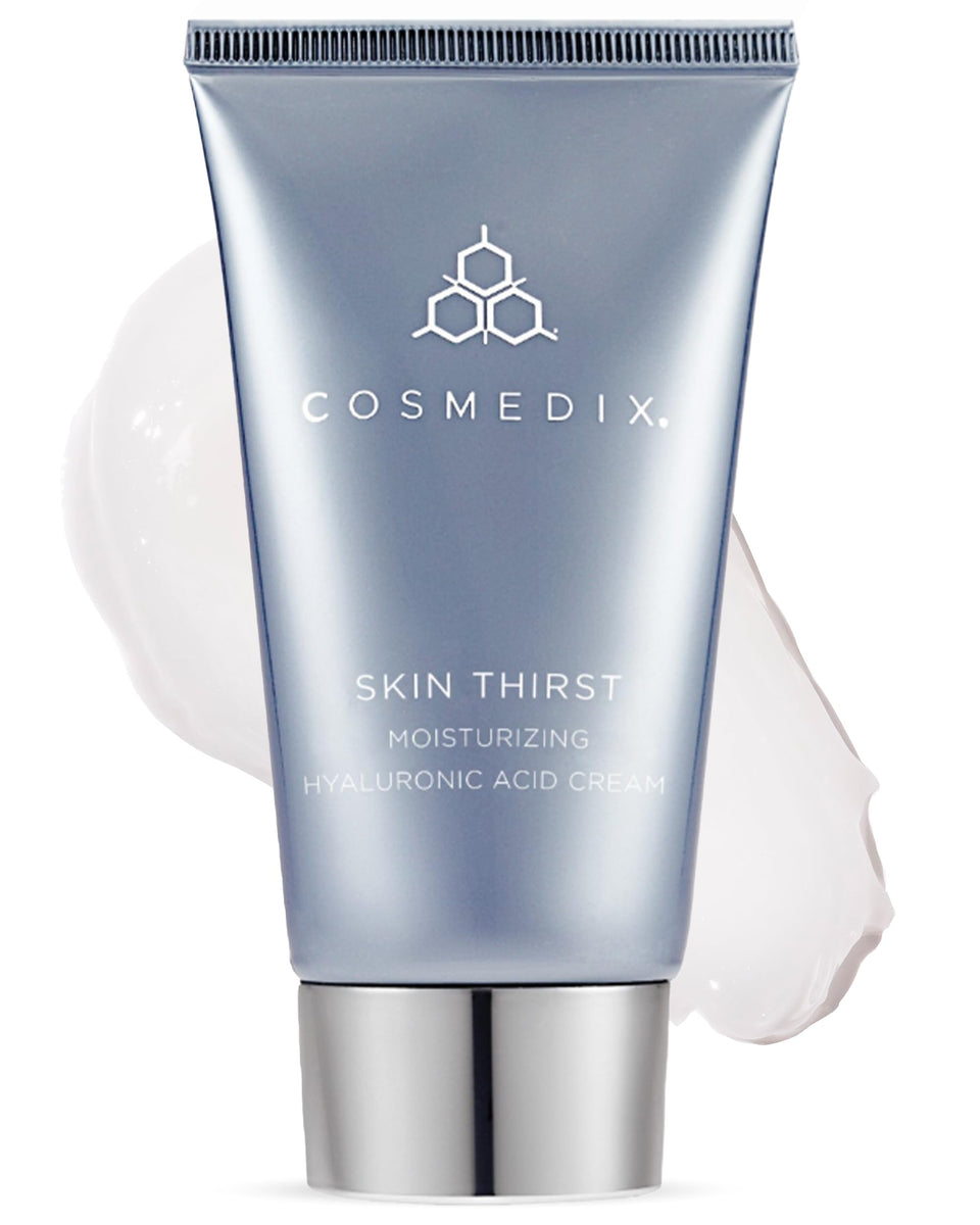 COSMEDIX Skin Thirst moisturizer jar shows creamy texture for daily hydration.
