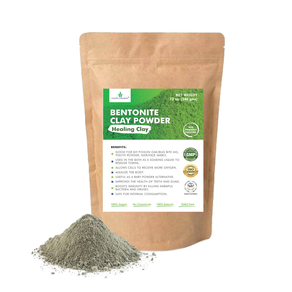Cosmic Element calcium bentonite clay powder jar for pure skin detox and pore cleansing