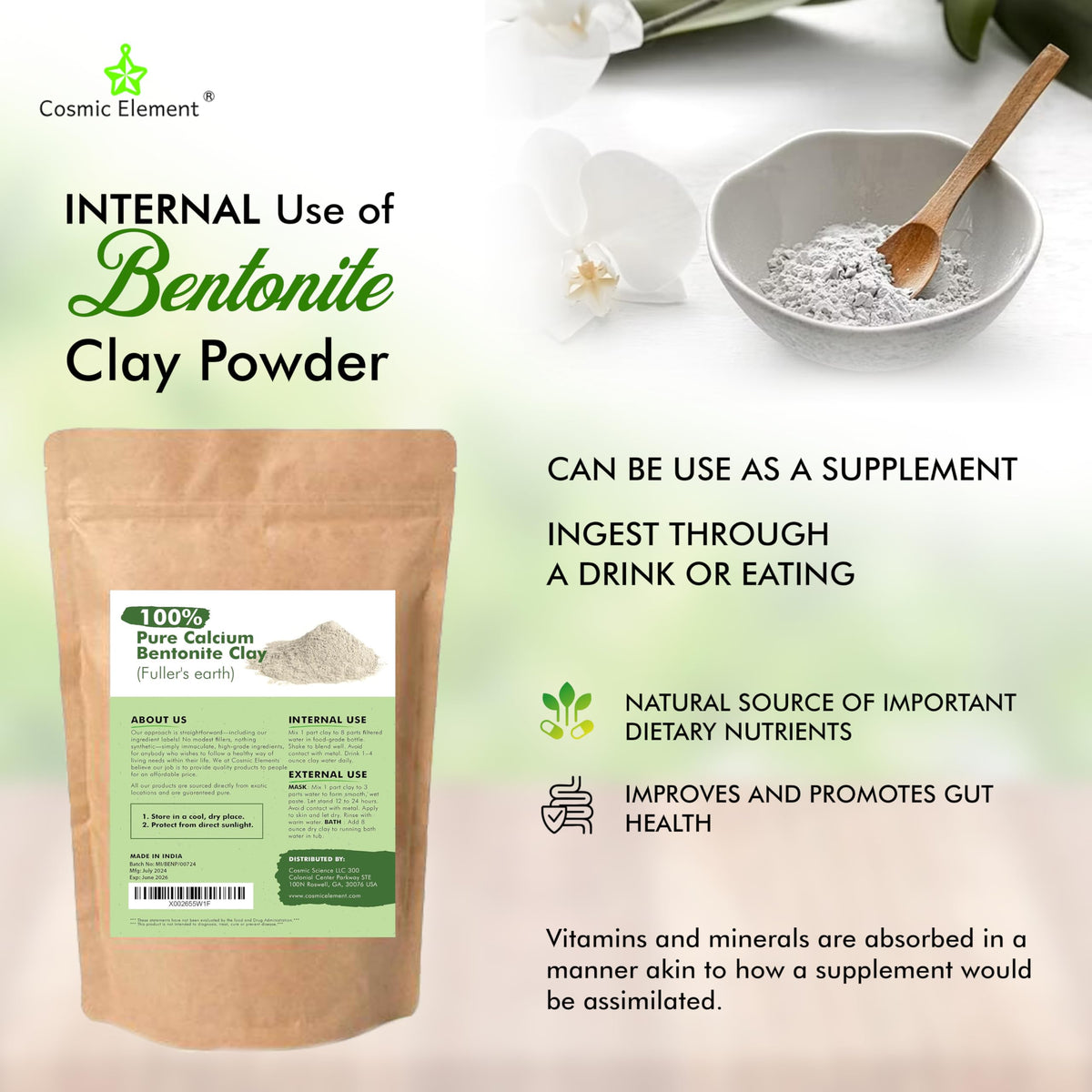 Cosmic Element calcium bentonite clay powder pour shows easy scoop-and-apply detox for skin
