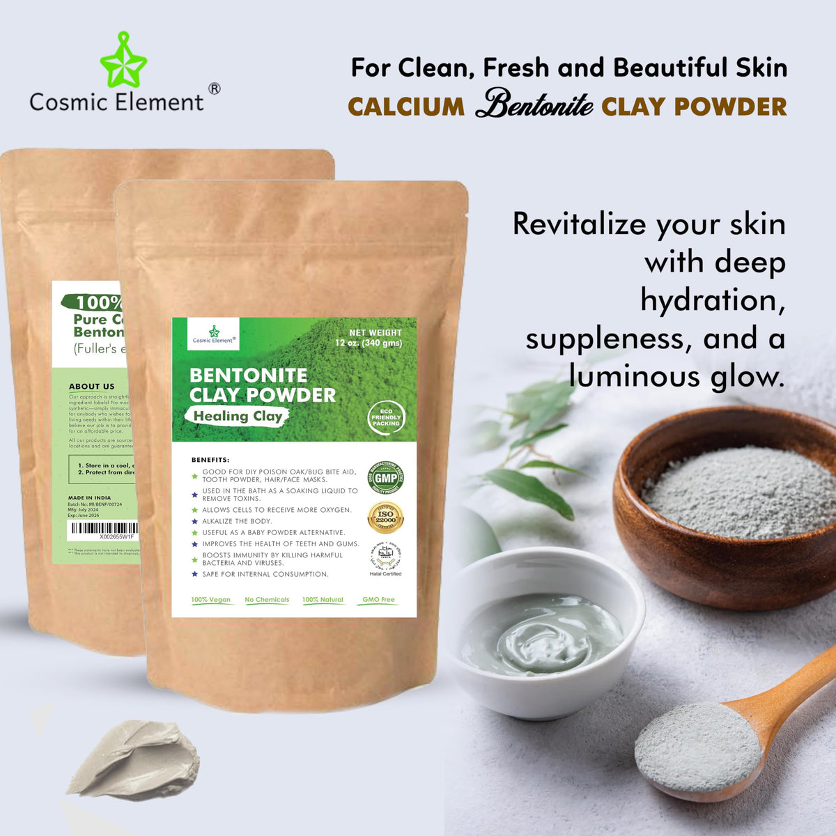 Cosmic Element vegan, food-grade clay label signals quality and safe, versatile use
