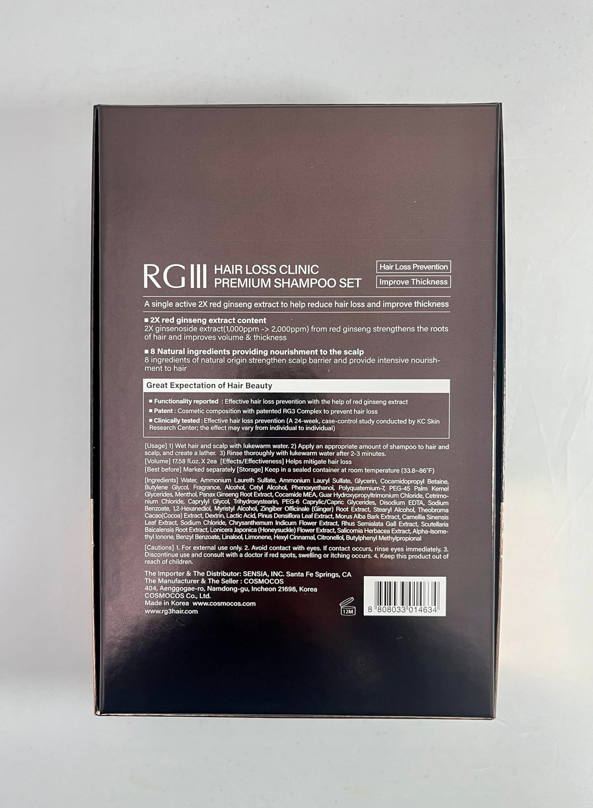 COSMOCOS RG3 Premium Shampoo MFDS approval label signals trusted Korean manufacturing.