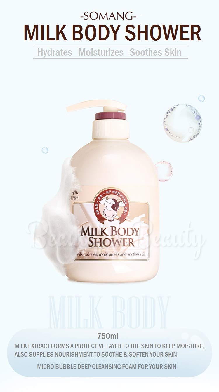 Cosmocos Somang Milk Body Wash pour demonstrates smooth cleansing.