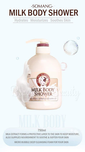 Cosmocos Somang Milk Body Wash pour demonstrates smooth cleansing.