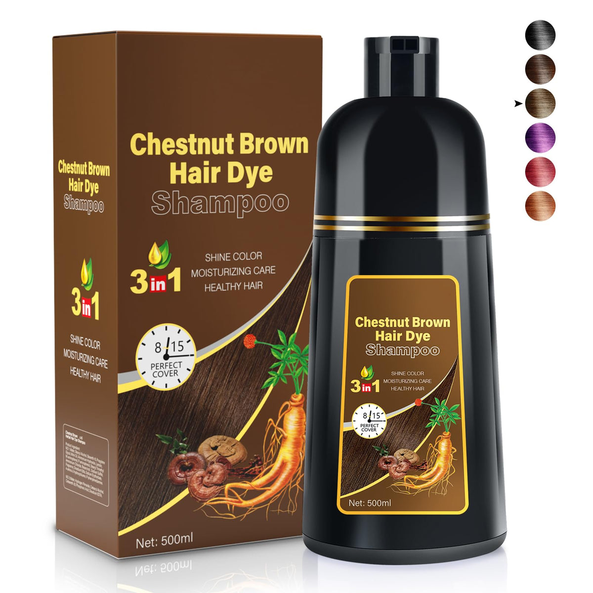 Cosmpro Hair Dye Shampoo Chestnut Brown bottle shows long-lasting color