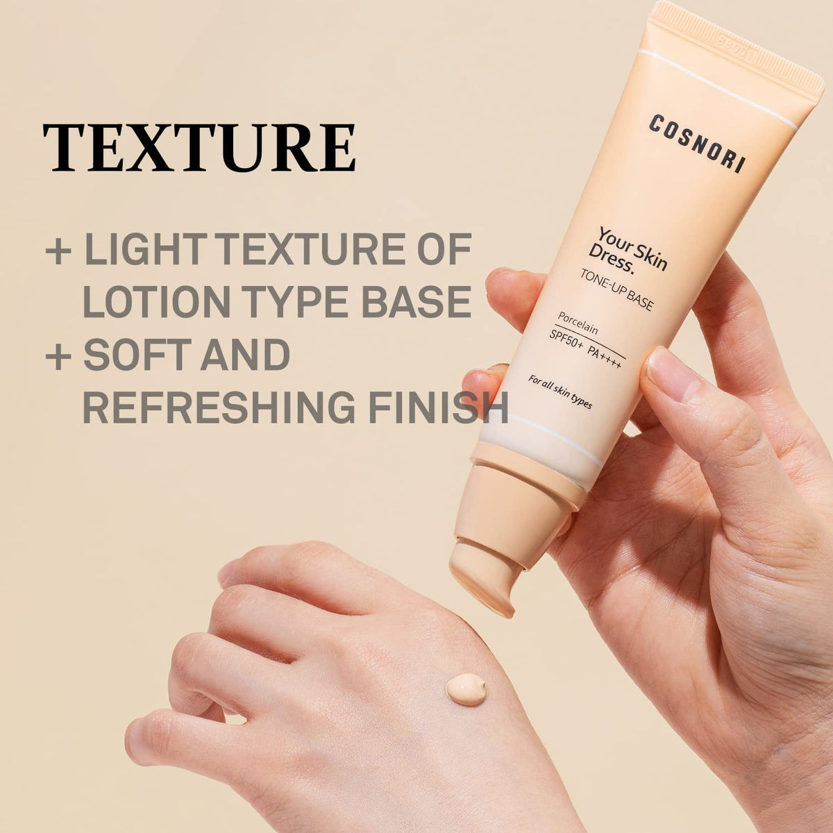 COSNORI application close-up shows fingertips blending for seamless finish