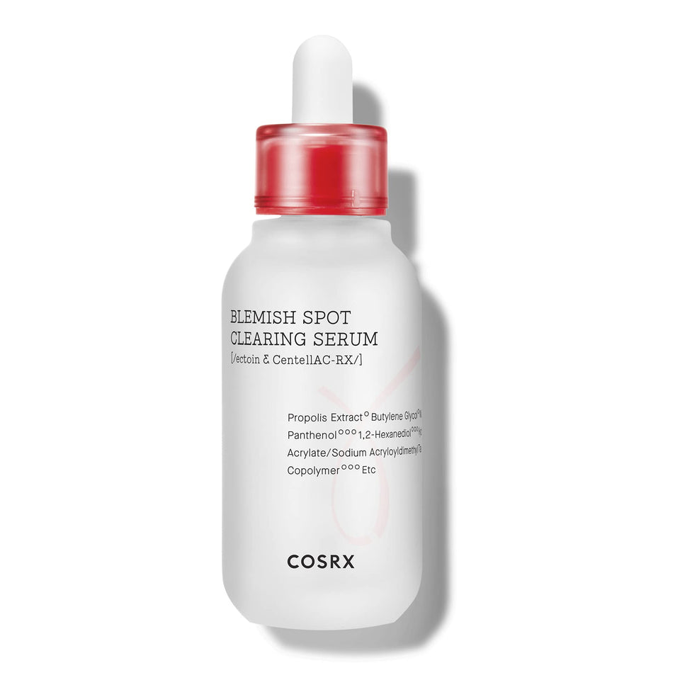 COSRX AC Collection blemish serum bottle on a clean surface offering calming post-acne support