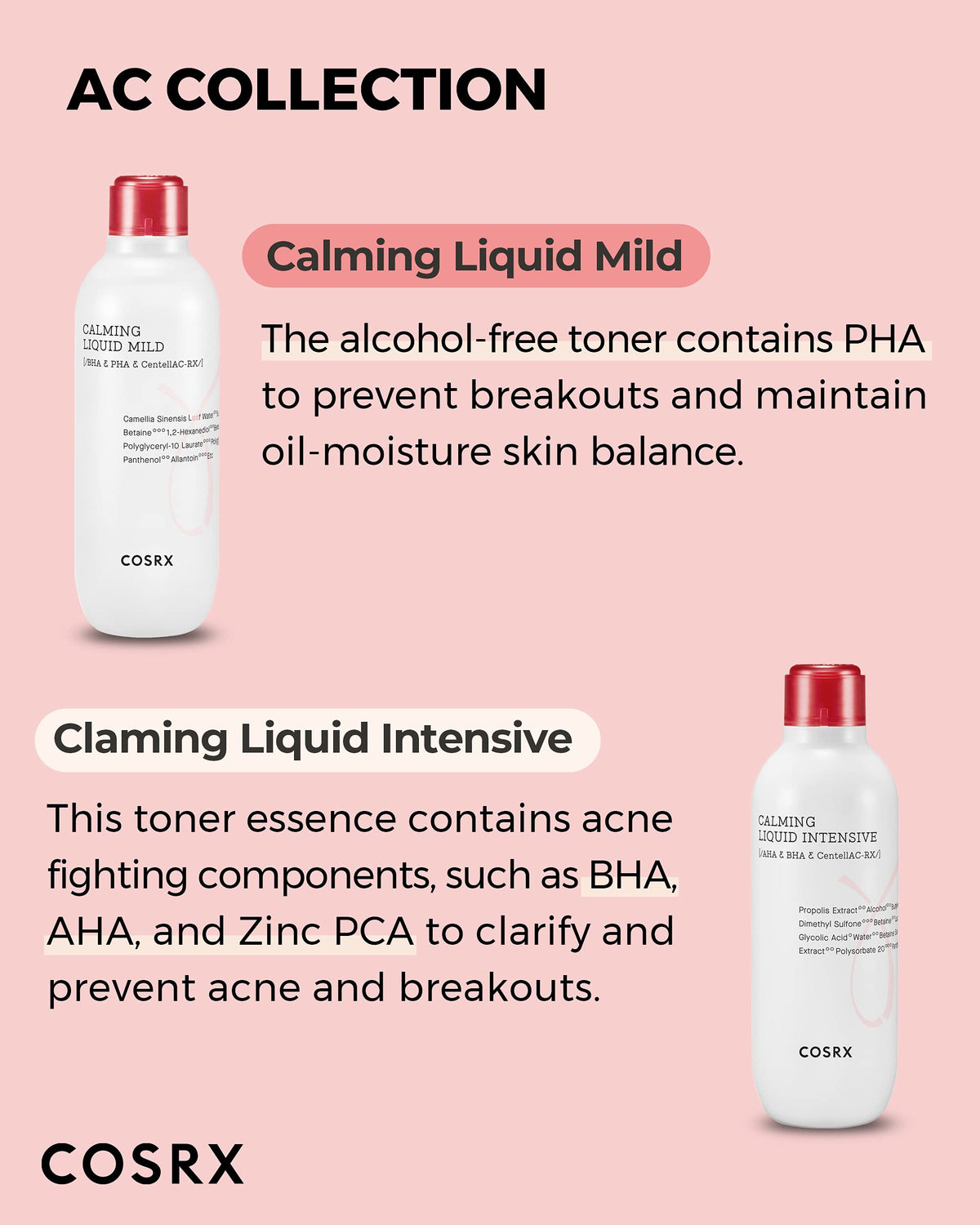 COSRX Calming Liquid Mild alcohol-free formula shown for gentle care.