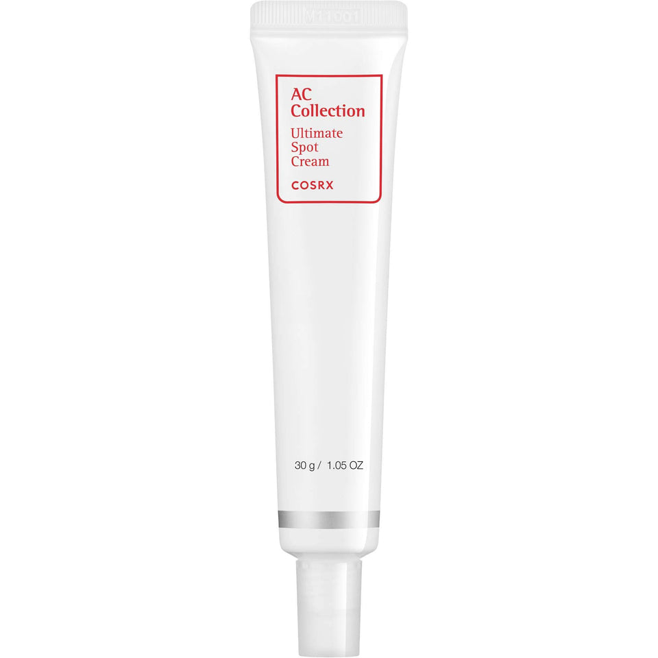 COSRX AC Collection Ultimate Spot Cream tube on clean surface, quick blemish treatment.