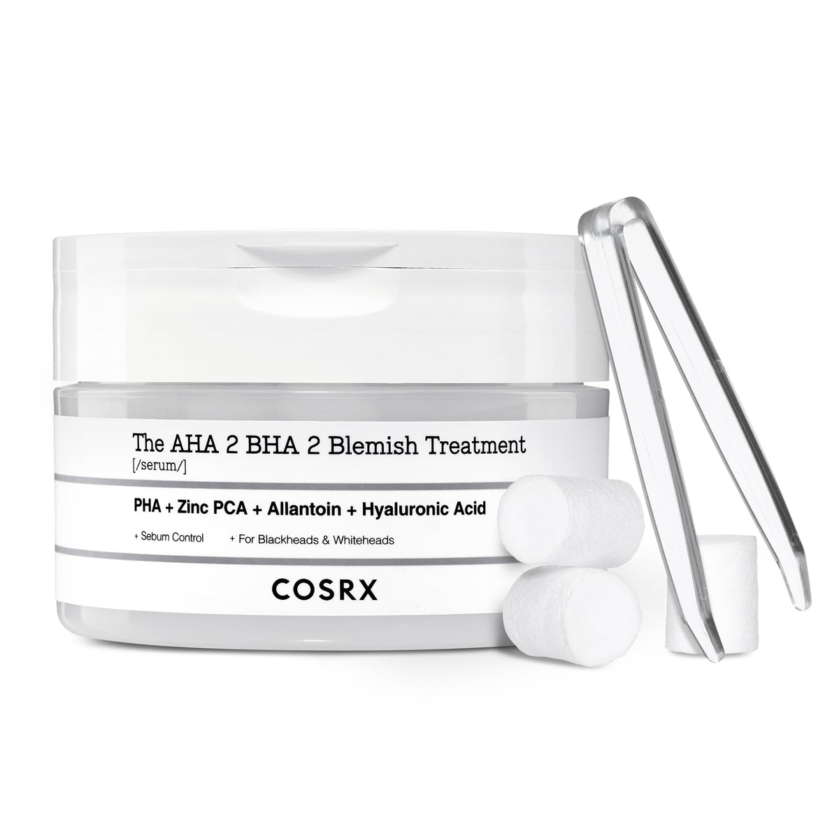 COSRX AHA/BHA blemish serum bottle with cotton ball for targeted spot care.