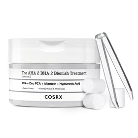 COSRX AHA/BHA blemish serum bottle with cotton ball for targeted spot care.