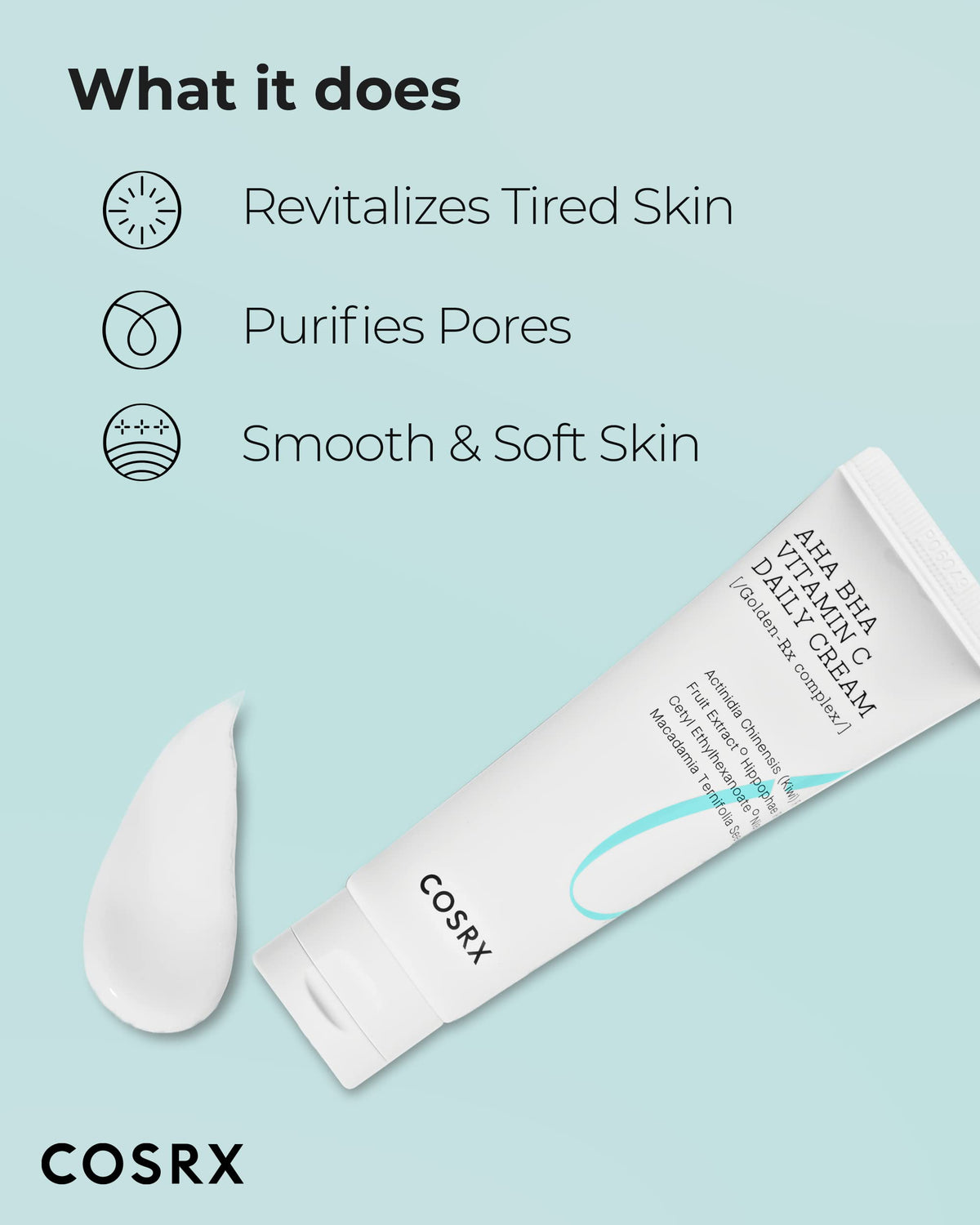 COSRX AHA BHA Vitamin C Daily Cream kiwi extract boosts brightening and antioxidant support.
