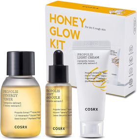 COSRX Honey Glow Kit packaging close-up showing a premium travel-sized skincare set
