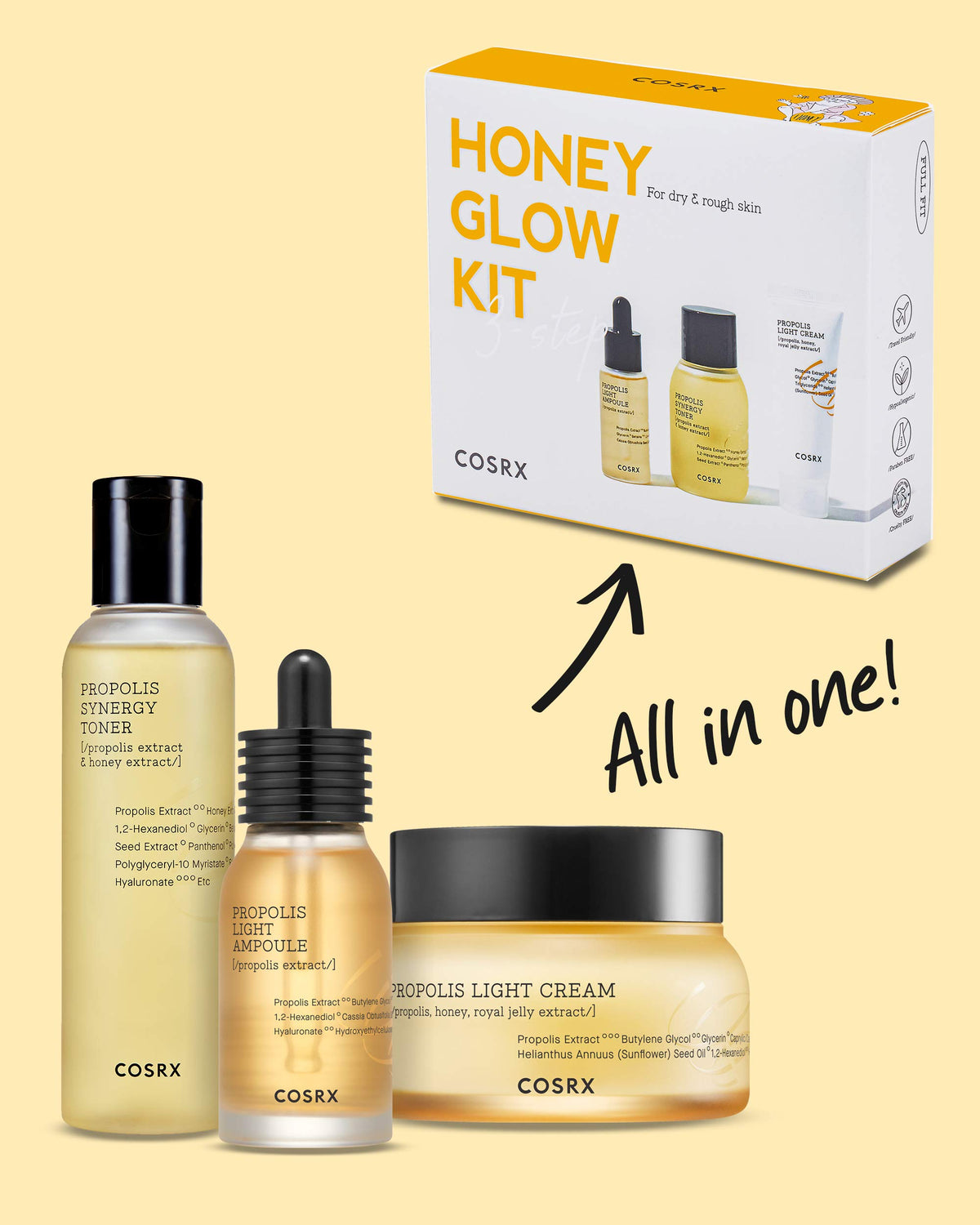 COSRX Honey Glow Kit toner bottle demonstrates propolis-infused prehydration for the skin