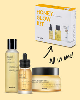 COSRX Honey Glow Kit toner bottle demonstrates propolis-infused prehydration for the skin